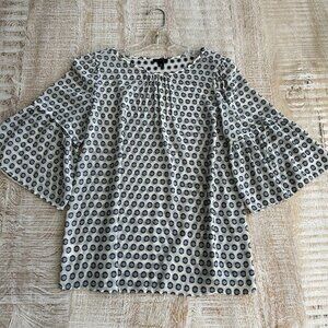 Ann Taylor White w/Blue Polka Dots Top Bell Sleeves Blouse Shirt XS or Sm